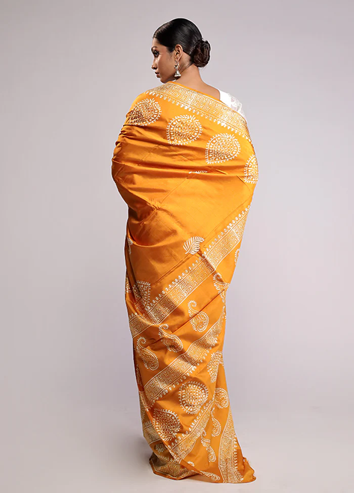 Yellow Printed Silk Saree Without Blouse Piece - Image 3