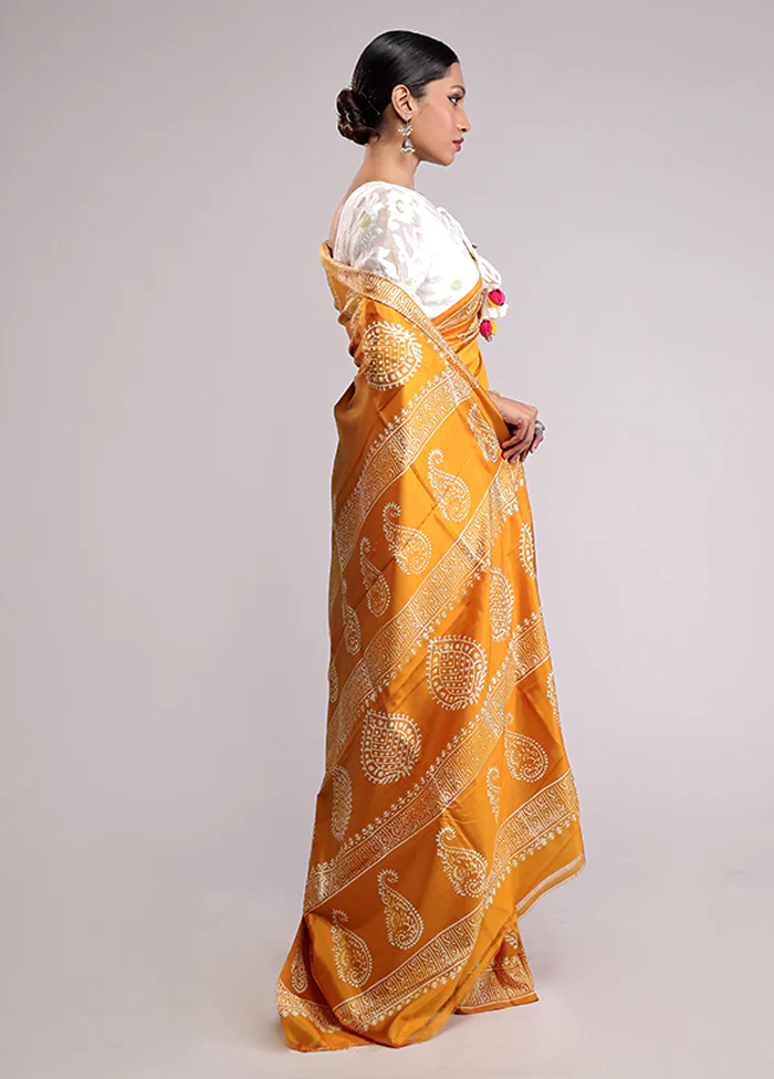 Yellow Printed Silk Saree Without Blouse Piece - Image 4