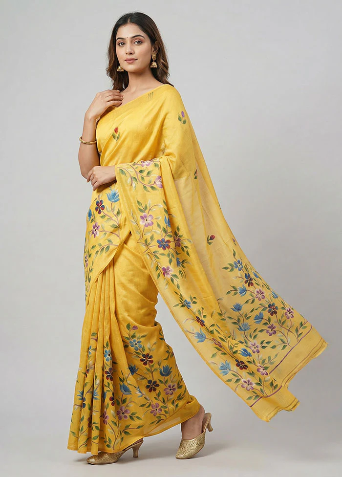 Yellow Printed Pure Silk Saree Without Blouse Piece