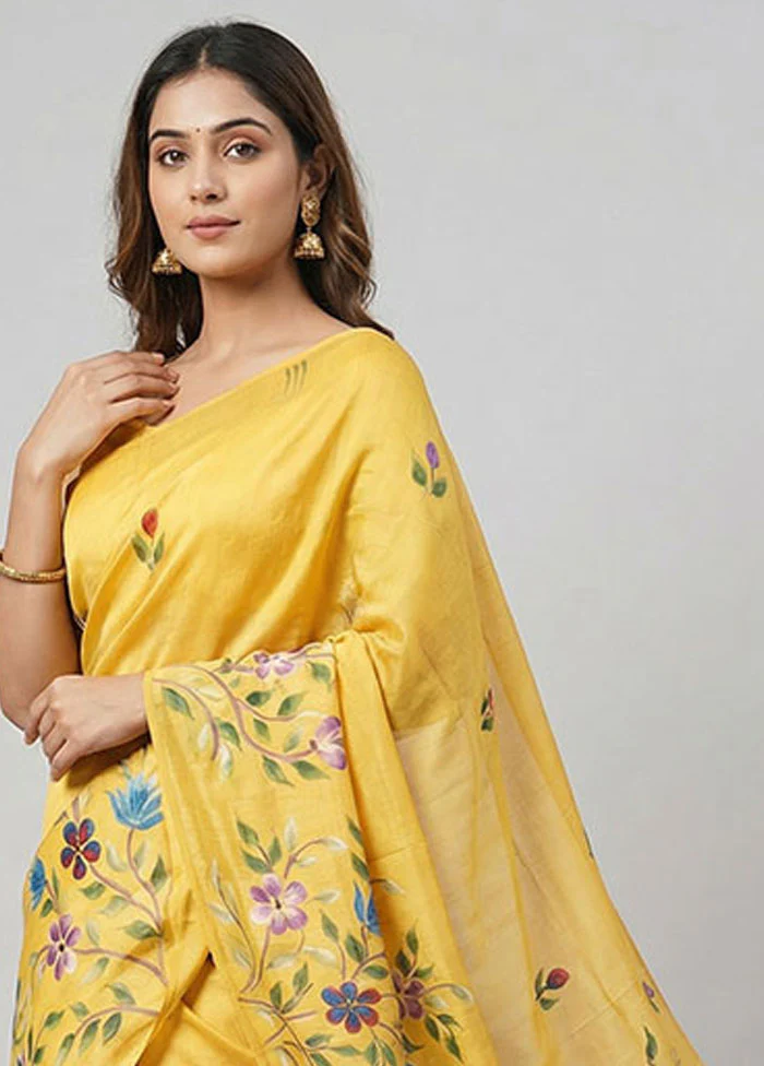 Yellow Printed Pure Silk Saree Without Blouse Piece - Image 2