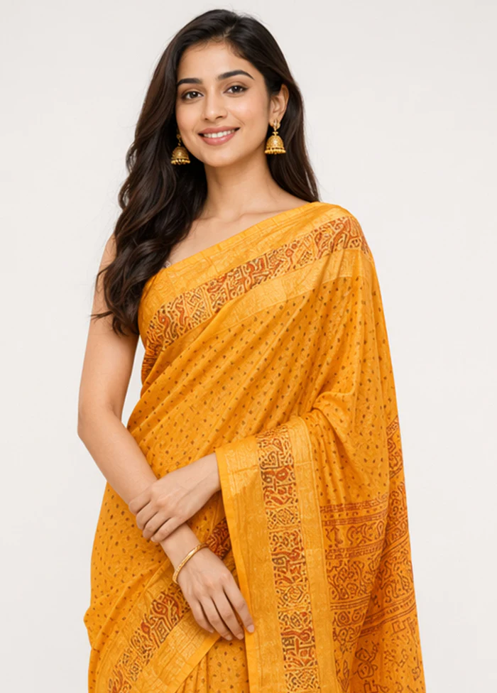 Yellow Printed Pure Silk Saree Without Blouse Piece - Image 2
