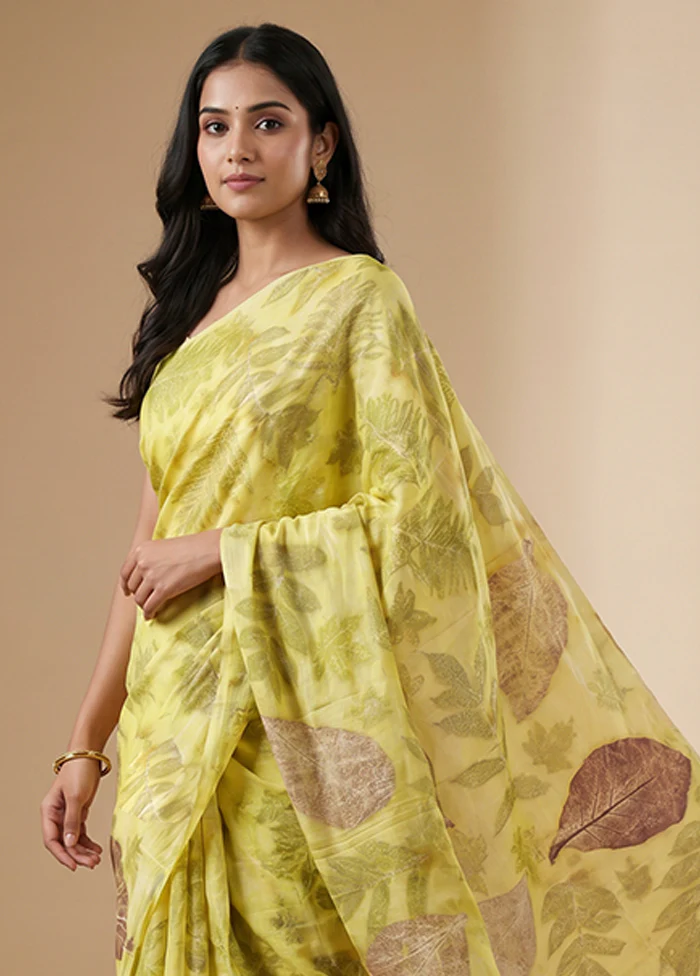 Yellow Printed Pure Silk Saree Without Blouse Piece - Image 2