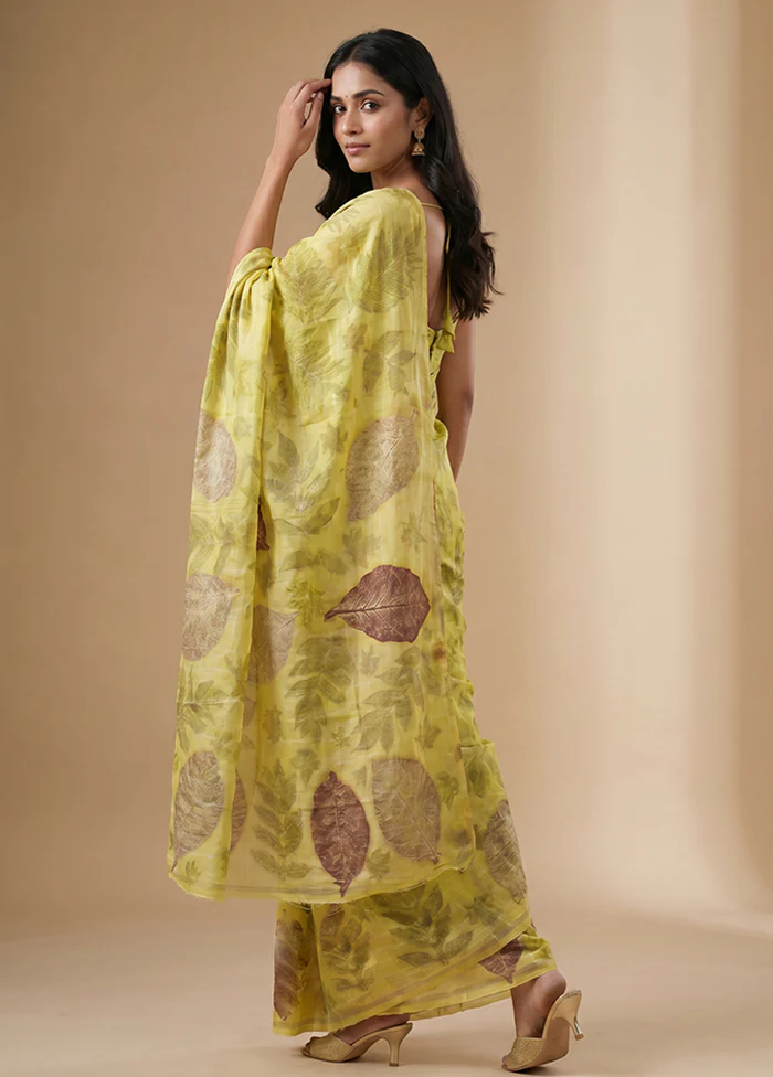 Yellow Printed Pure Silk Saree Without Blouse Piece - Image 3