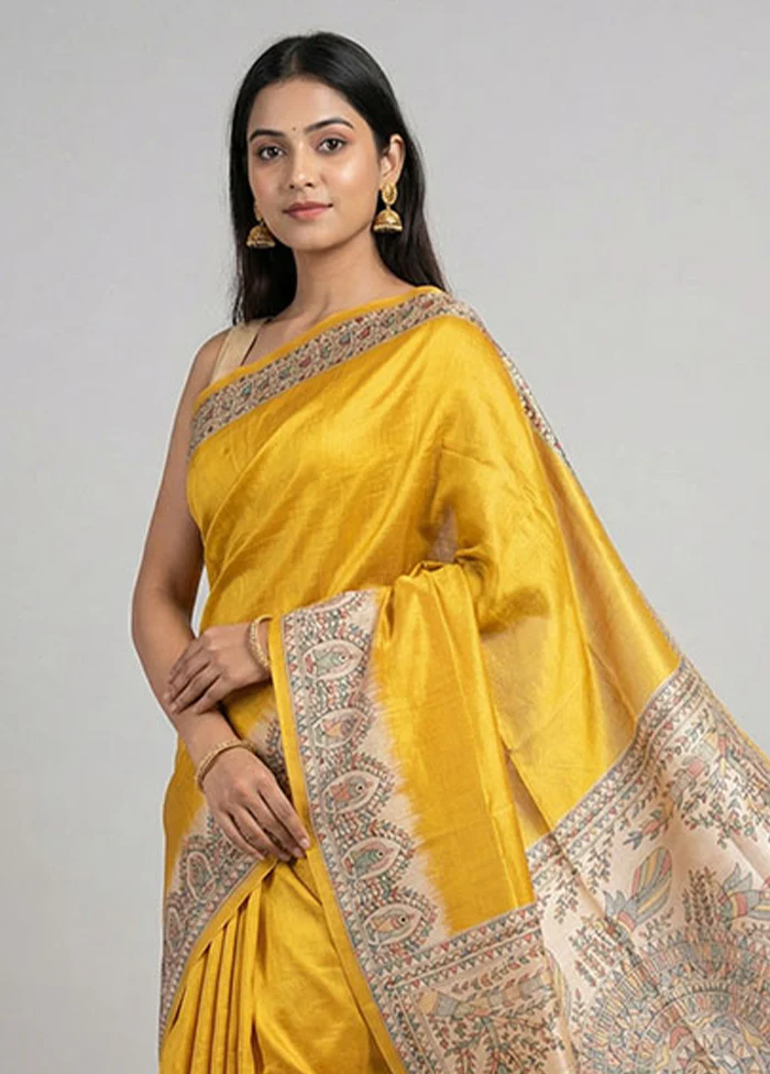 Yellow Printed Silk Saree Without Blouse Piece - Image 2