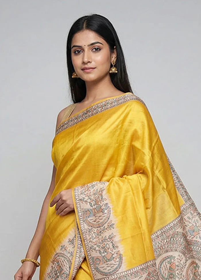 Yellow Printed Silk Saree Without Blouse Piece - Image 2