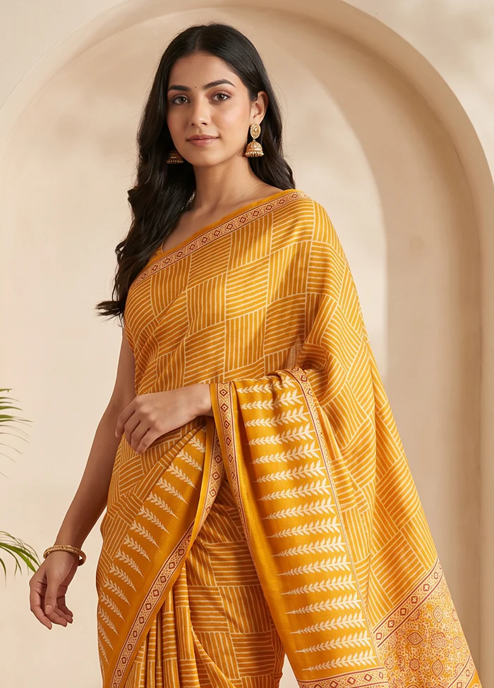 Yellow Printed Silk Saree Without Blouse Piece - Image 2
