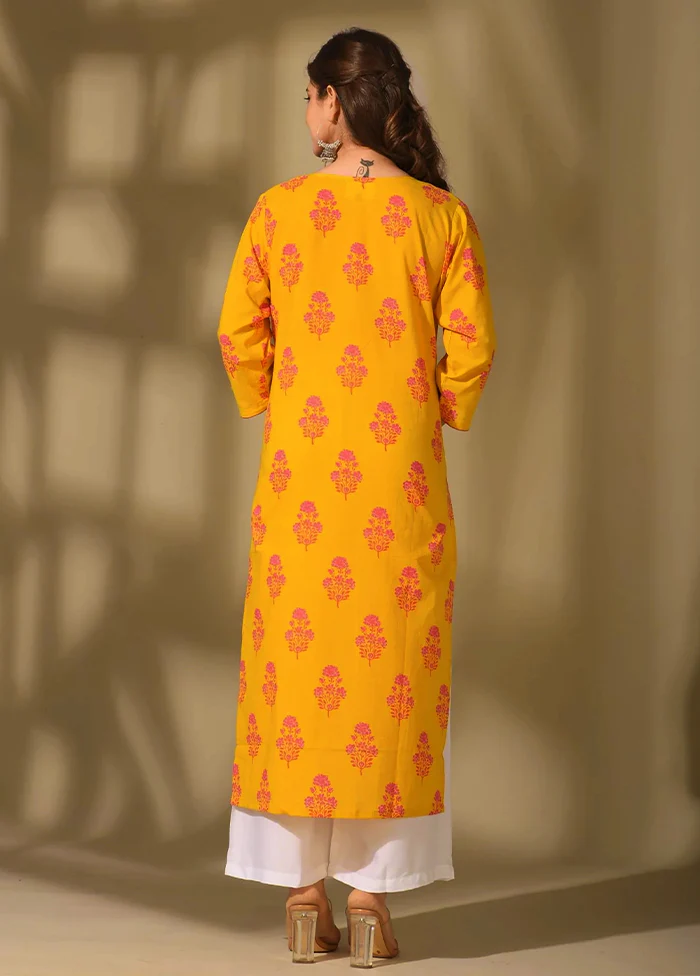Yellow Printed Work Cotton Kurti - Image 3