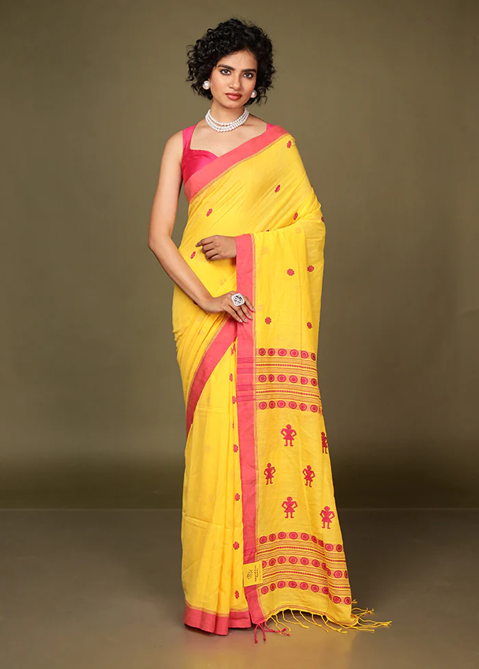 Yellow Pure Cotton Saree With Blouse Piece - Image 2