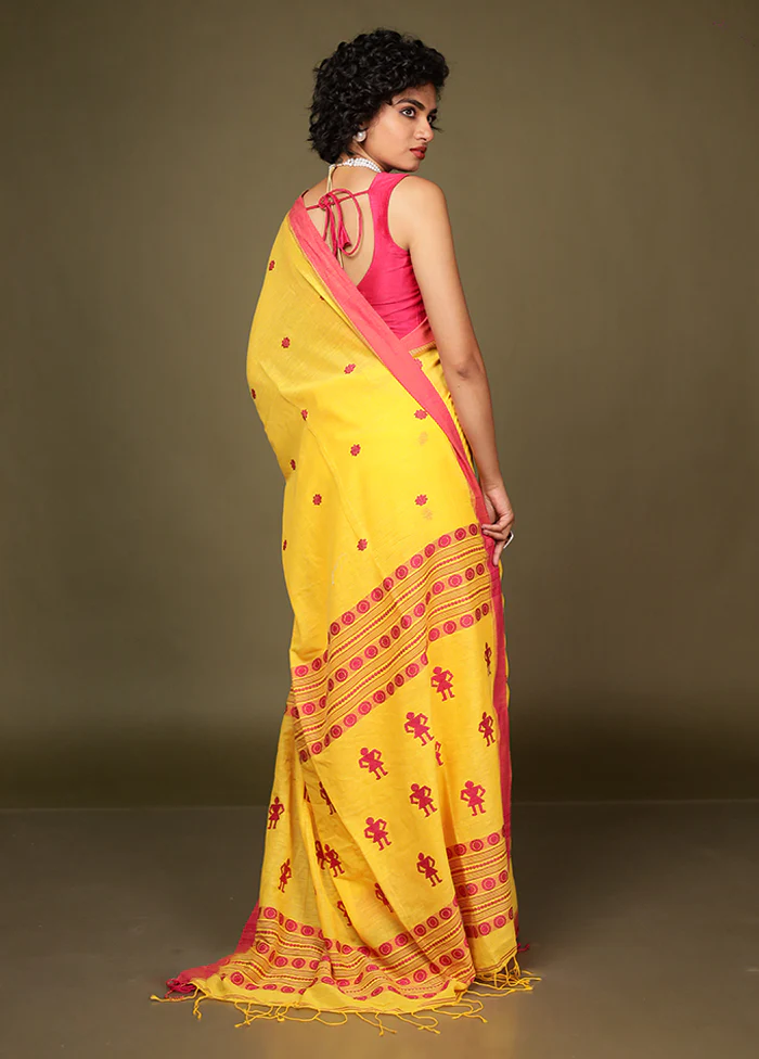 Yellow Pure Cotton Saree With Blouse Piece - Image 3