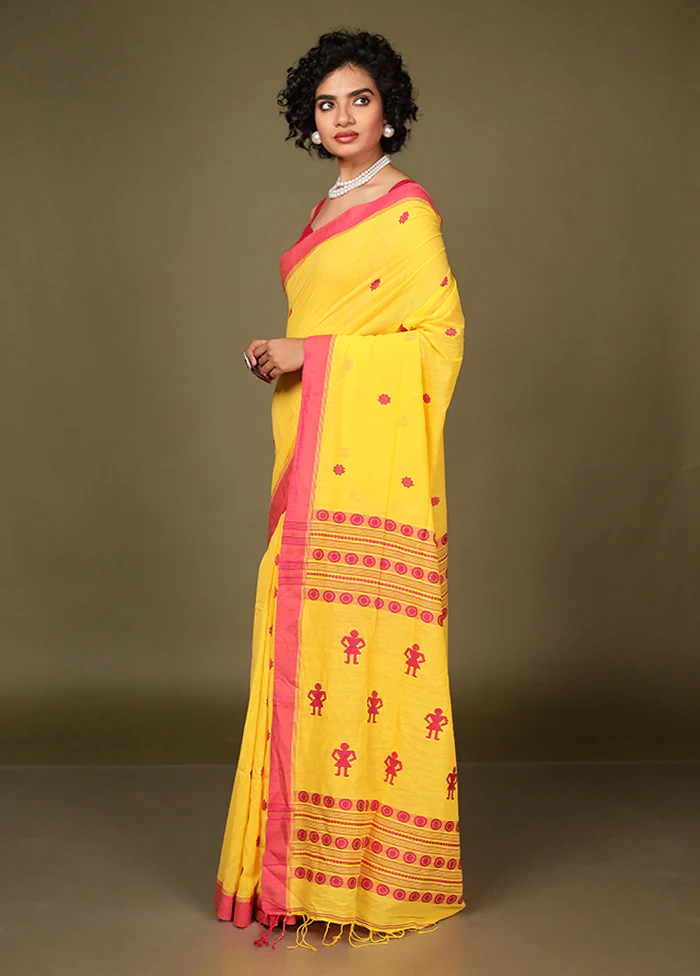 Yellow Pure Cotton Saree With Blouse Piece - Image 4