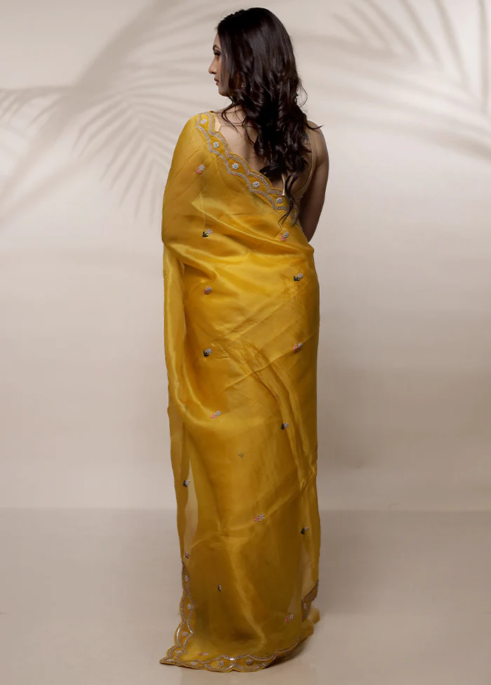 Yellow Pure Organza Saree With Blouse Piece - Image 5