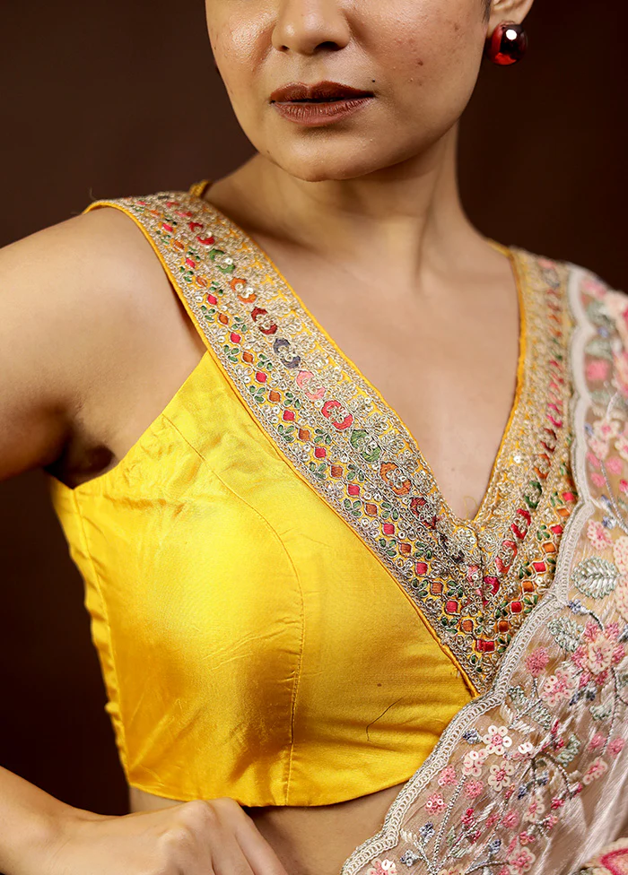 Yellow Pure Silk Designer Blouse - Image 3
