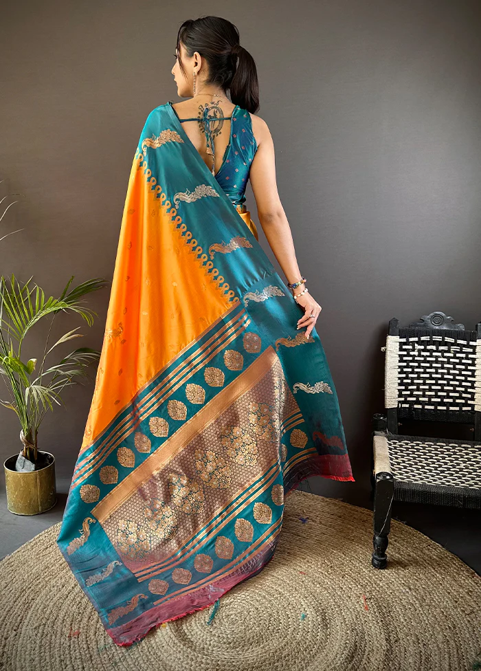 Yellow Spun Silk Saree With Blouse Piece - Image 3