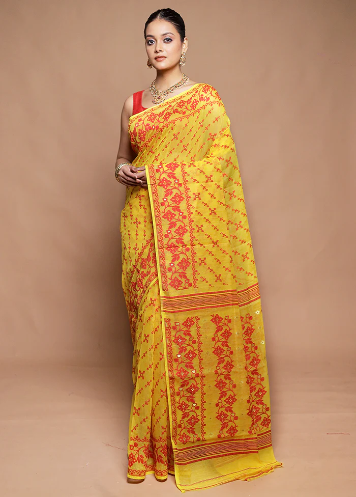 Yellow Tant Jamdani Saree Without Blouse Piece