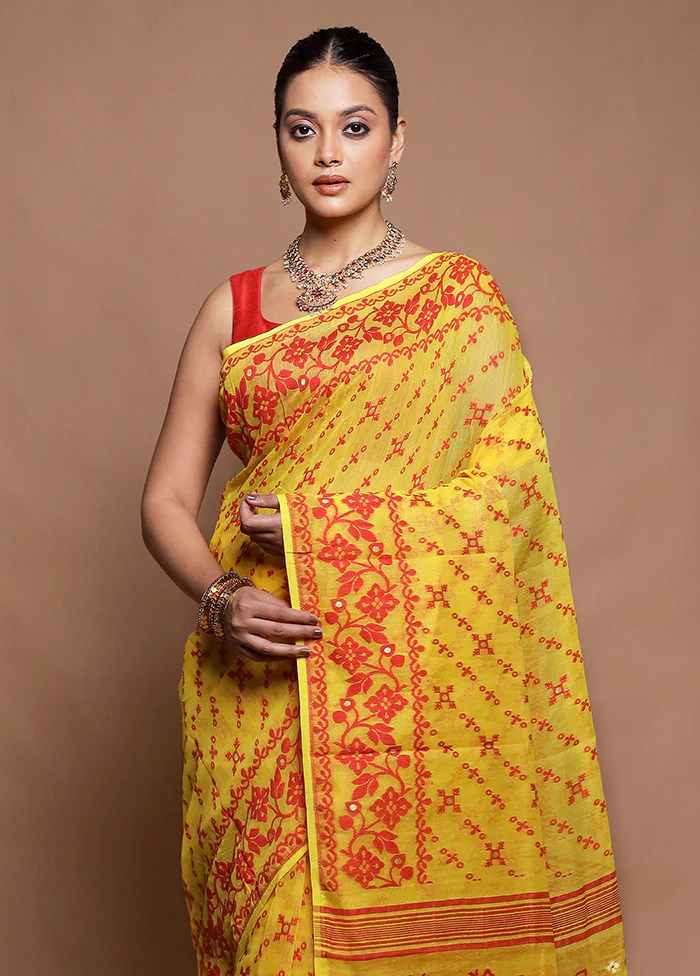 Yellow Tant Jamdani Saree Without Blouse Piece - Image 2