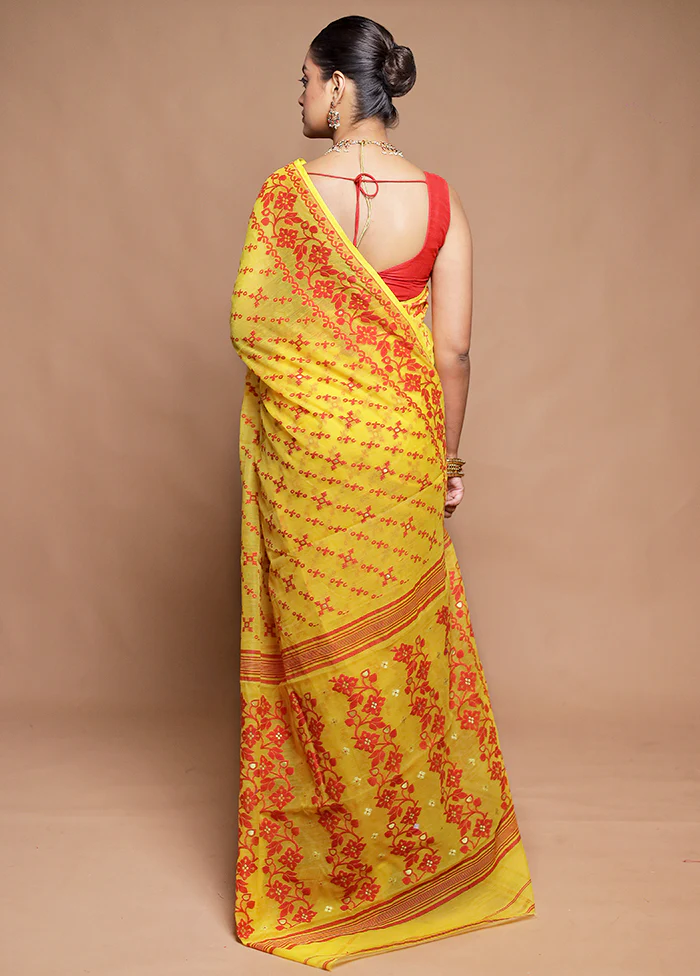 Yellow Tant Jamdani Saree Without Blouse Piece - Image 3