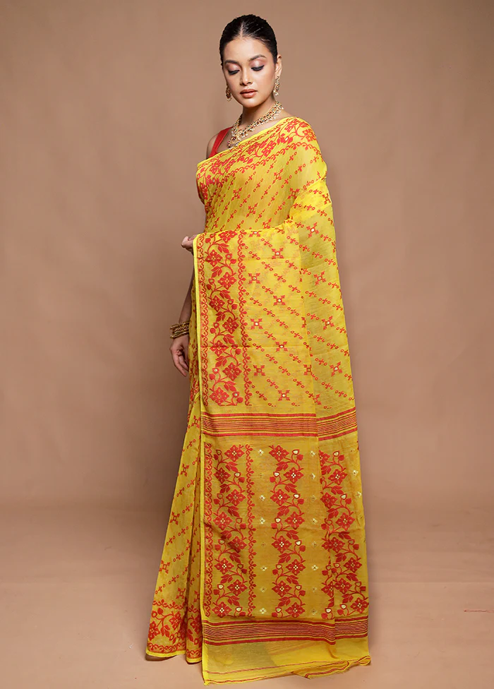 Yellow Tant Jamdani Saree Without Blouse Piece - Image 4