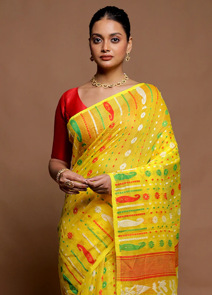 Yellow Tant Jamdani Saree Without Blouse Piece - Image 2