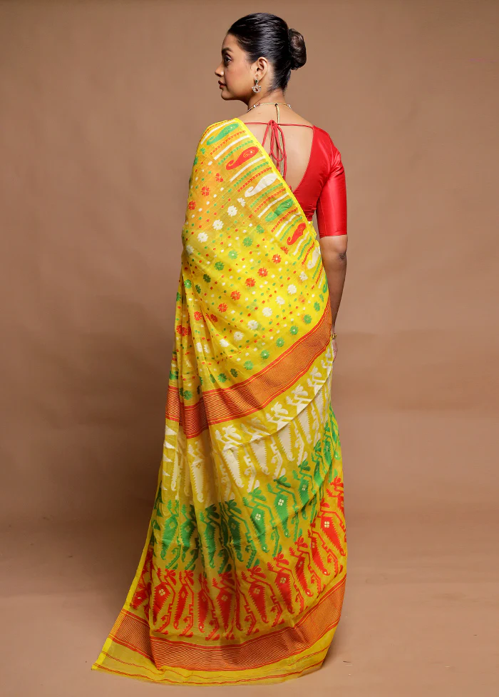 Yellow Tant Jamdani Saree Without Blouse Piece - Image 3