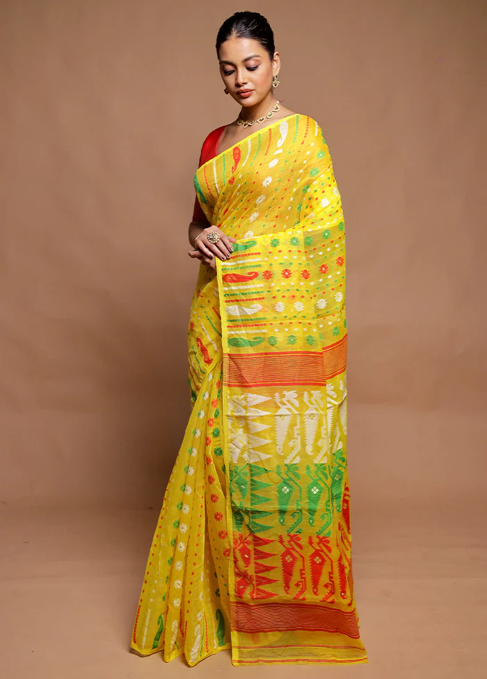 Yellow Tant Jamdani Saree Without Blouse Piece - Image 4