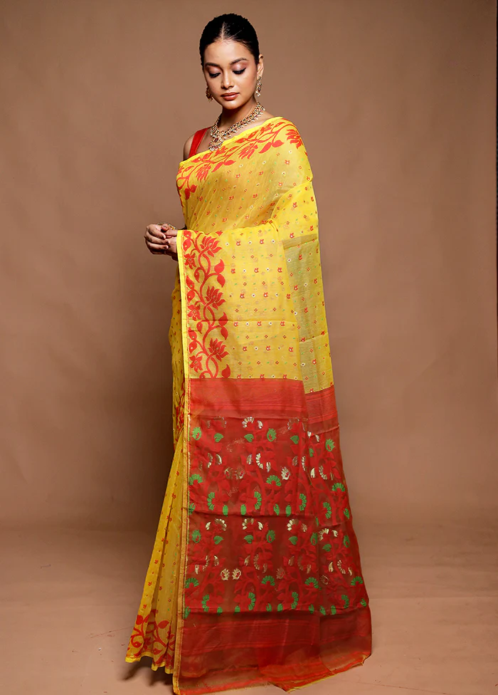 Yellow Tant Jamdani Saree Without Blouse Piece - Image 4