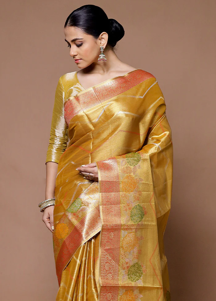 Yellow Tissue Silk Saree With Blouse Piece - Image 2
