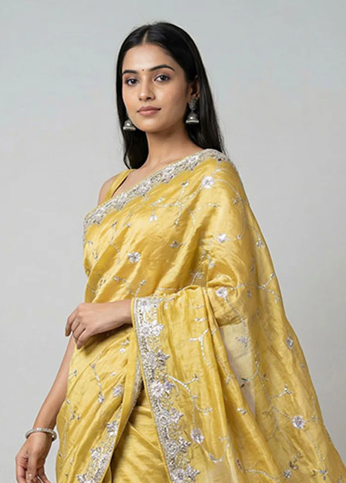 Yellow Tissue Silk Saree With Blouse Piece - Image 2