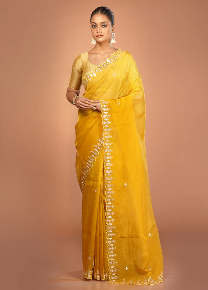 Yellow Tissue Silk Saree With Blouse Piece - Image 2