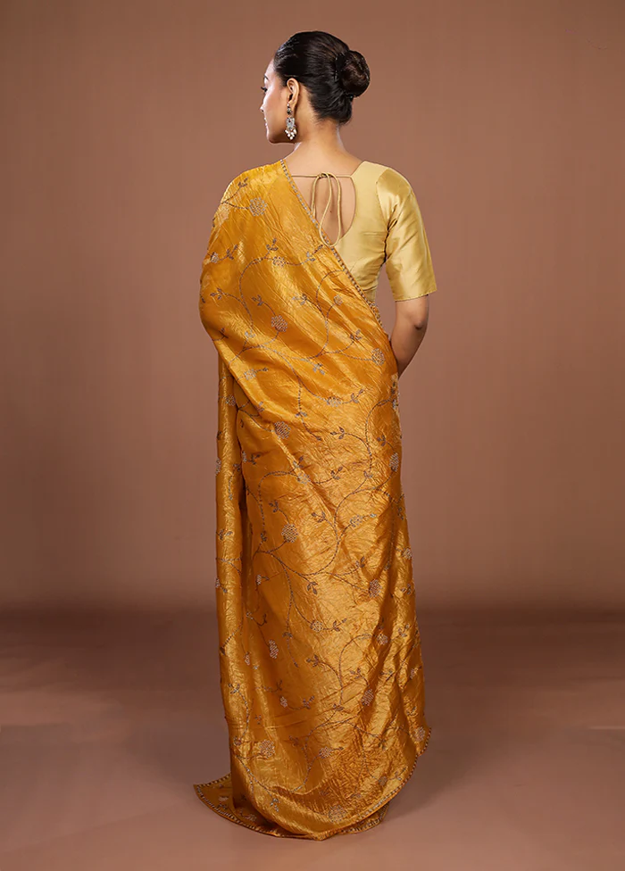 Yellow Tissue Silk Saree With Blouse Piece - Image 3