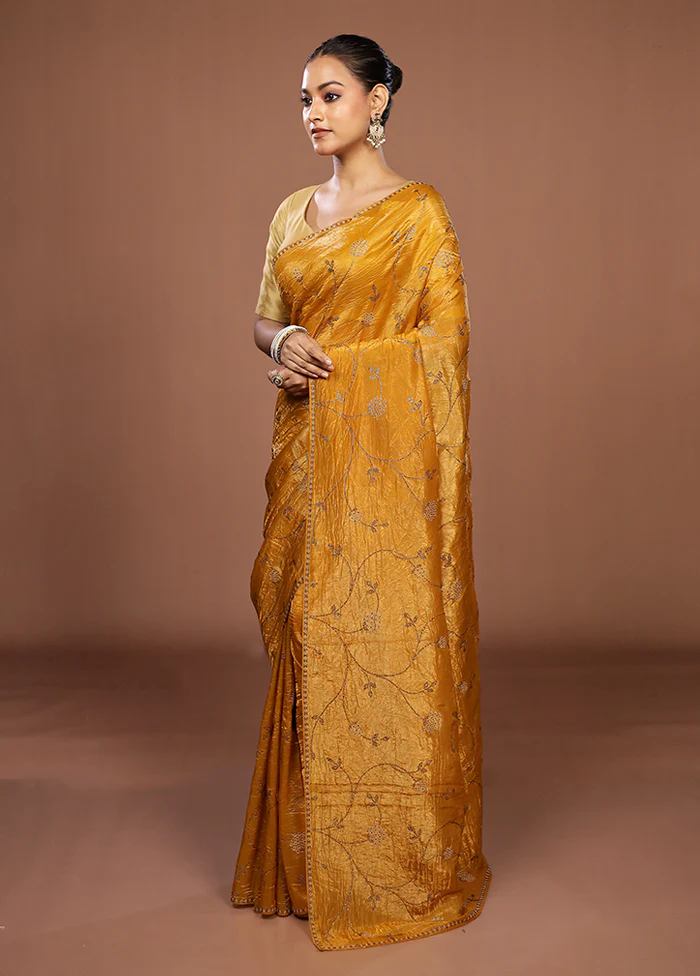 Yellow Tissue Silk Saree With Blouse Piece - Image 4