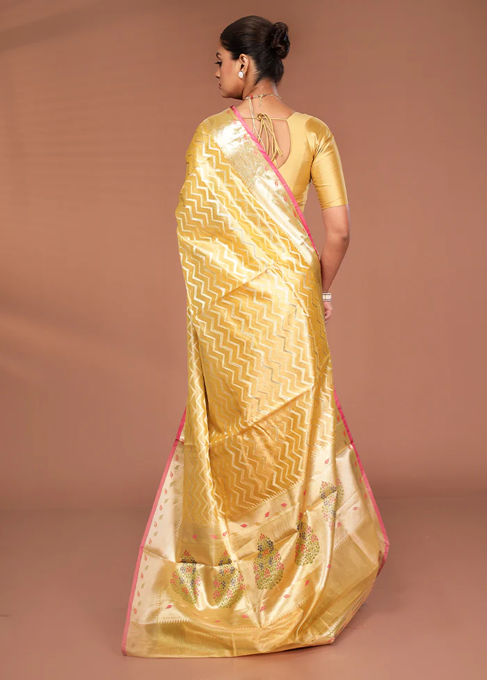 Yellow Tissue Silk Saree With Blouse Piece - Image 3