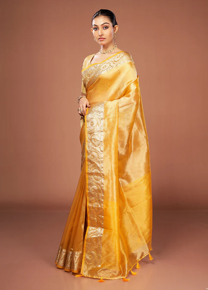 Yellow Tissue Silk Saree With Blouse Piece - Image 4