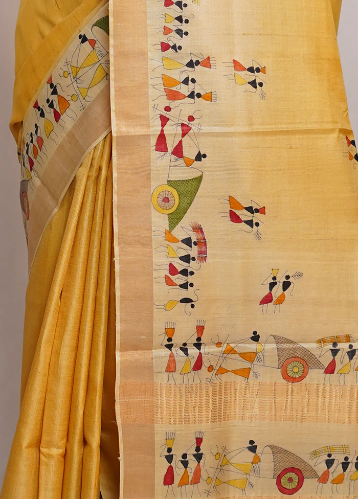 Yellow Tussar Pure Silk Saree With Blouse Piece - Image 3