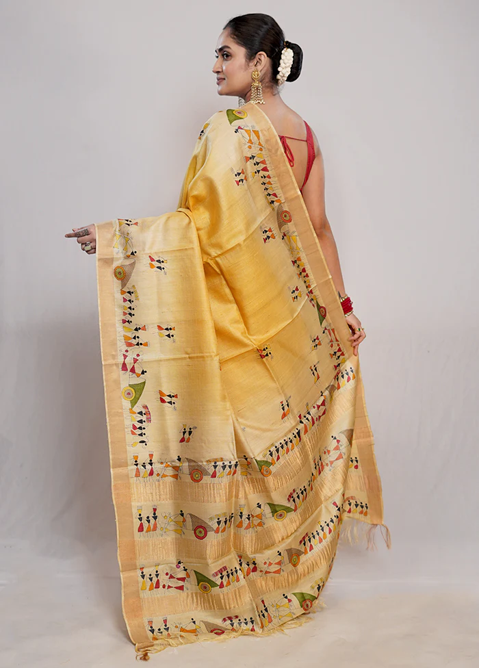 Yellow Tussar Pure Silk Saree With Blouse Piece - Image 4