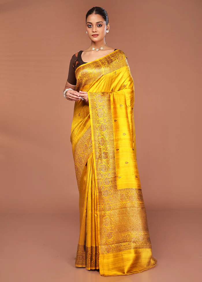Yellow Tussar Pure Silk Saree With Blouse Piece - Image 2