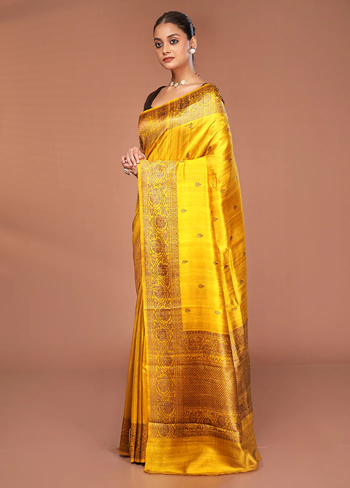 Yellow Tussar Pure Silk Saree With Blouse Piece - Image 4