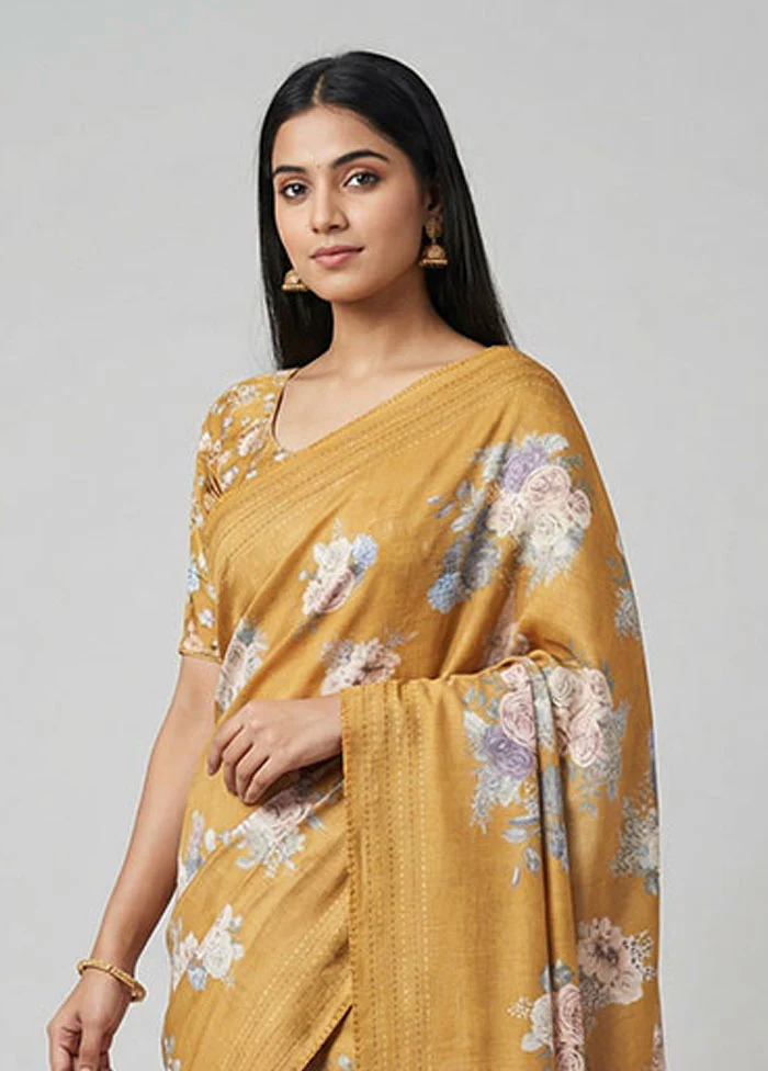 Yellow Tussar Silk Saree With Blouse Piece - Image 2