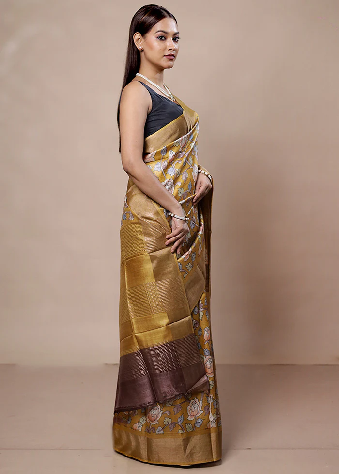 Yellow Tussar Silk Saree With Blouse Piece - Image 4