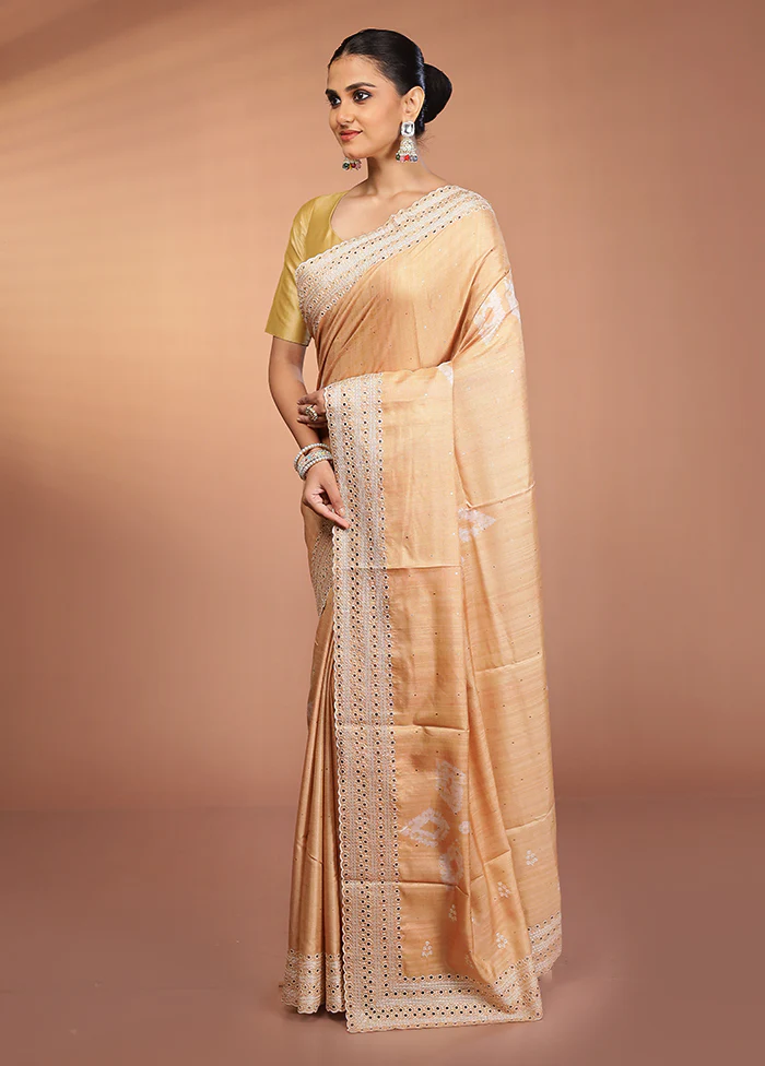 Yellow Tussar Silk Saree With Blouse Piece - Image 4