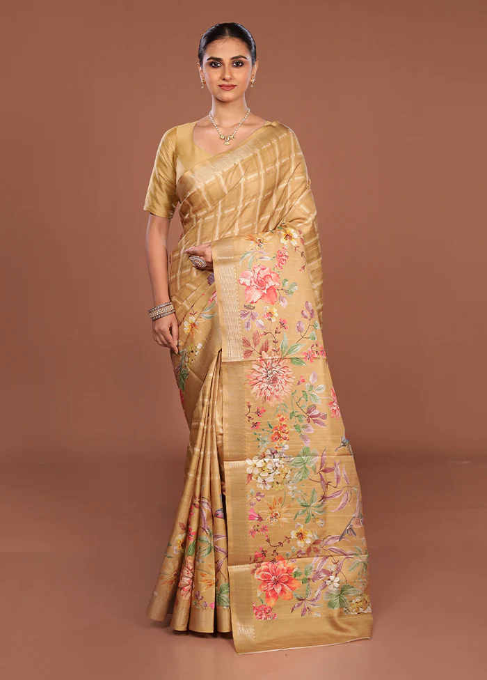 Yellow Tussar Silk Saree With Blouse Piece - Image 2