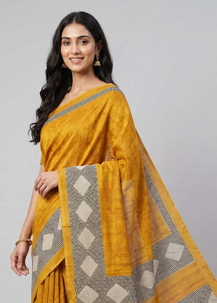 Yellow Tussar Silk Saree With Blouse Piece - Image 2