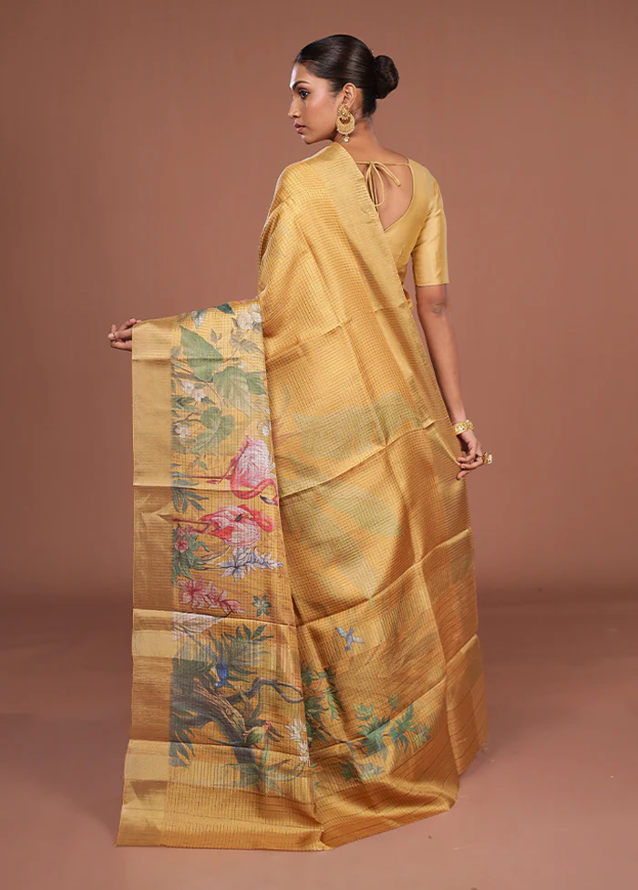 Yellow Tussar Silk Saree With Blouse Piece - Image 3