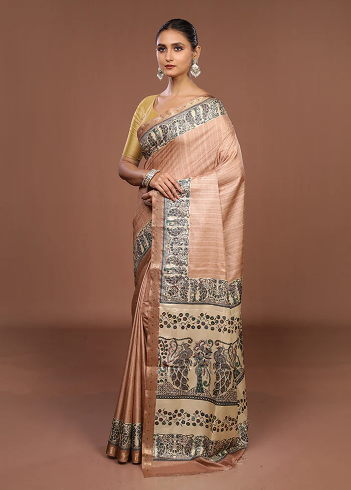 Yellow Tussar Silk Saree With Blouse Piece - Image 4