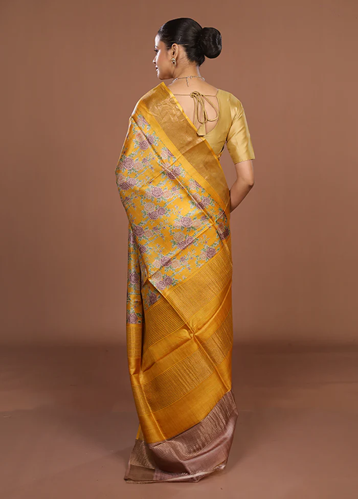 Yellow Tussar Silk Saree With Blouse Piece - Image 3