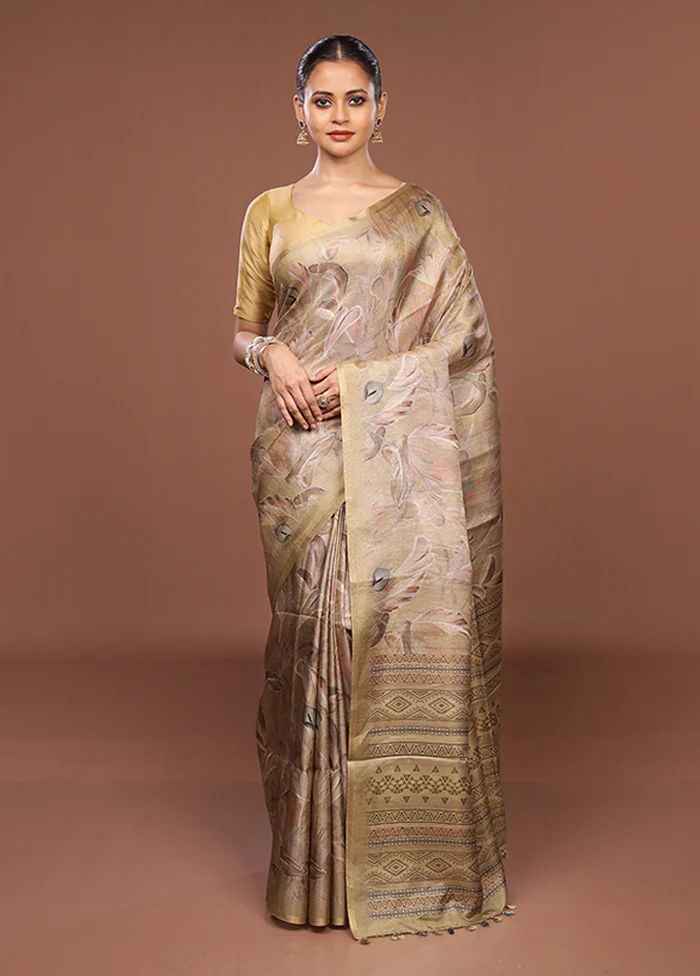 Yellow Tussar Silk Saree With Blouse Piece - Image 2
