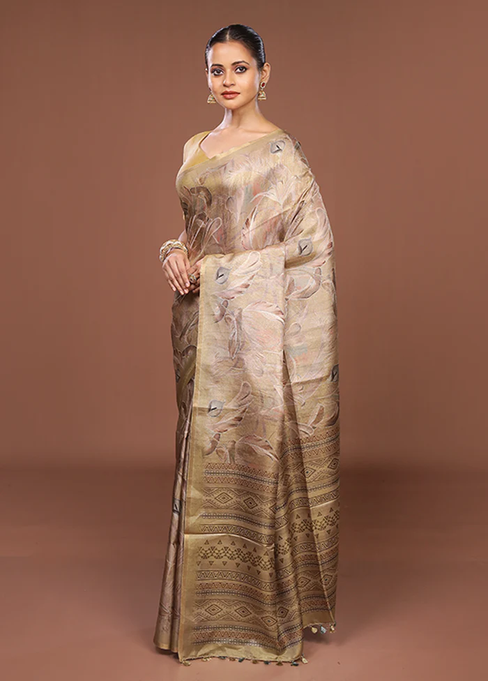Yellow Tussar Silk Saree With Blouse Piece - Image 4