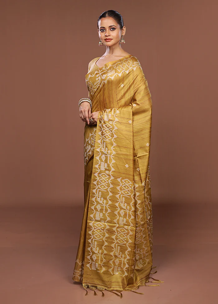Yellow Tussar Silk Saree With Blouse Piece - Image 4