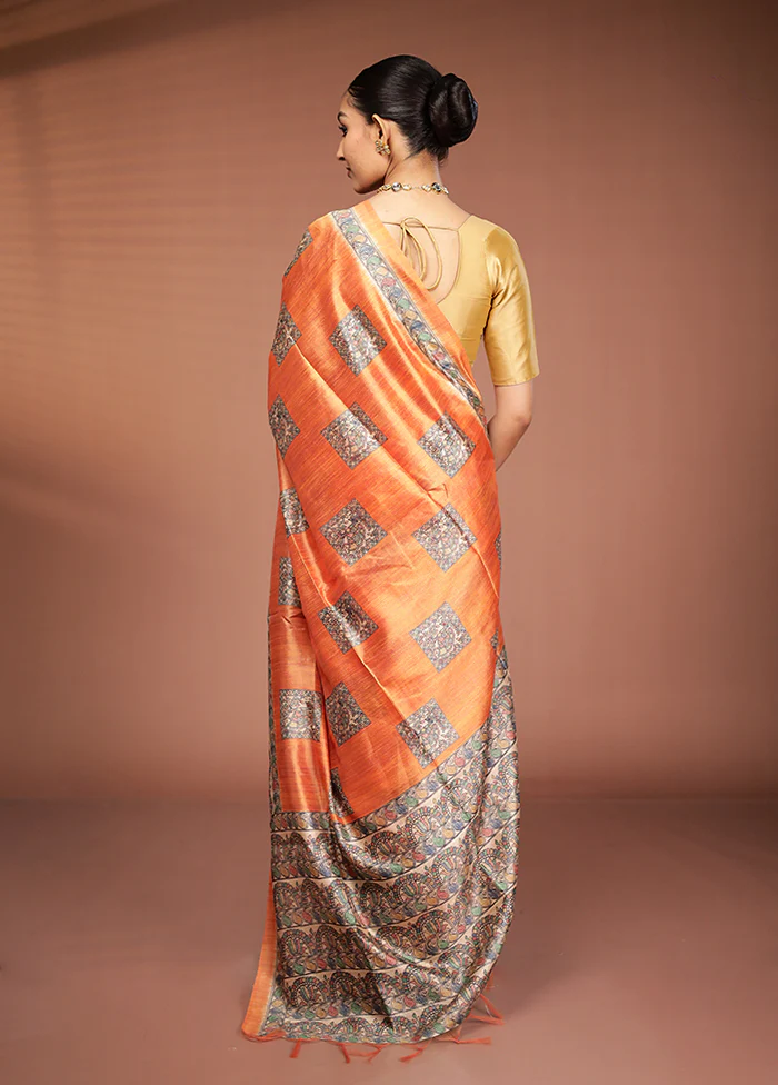 Yellow Tussar Silk Saree With Blouse Piece - Image 3