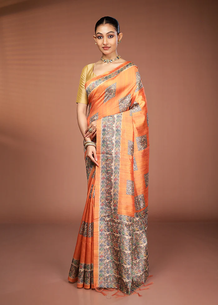 Yellow Tussar Silk Saree With Blouse Piece - Image 4