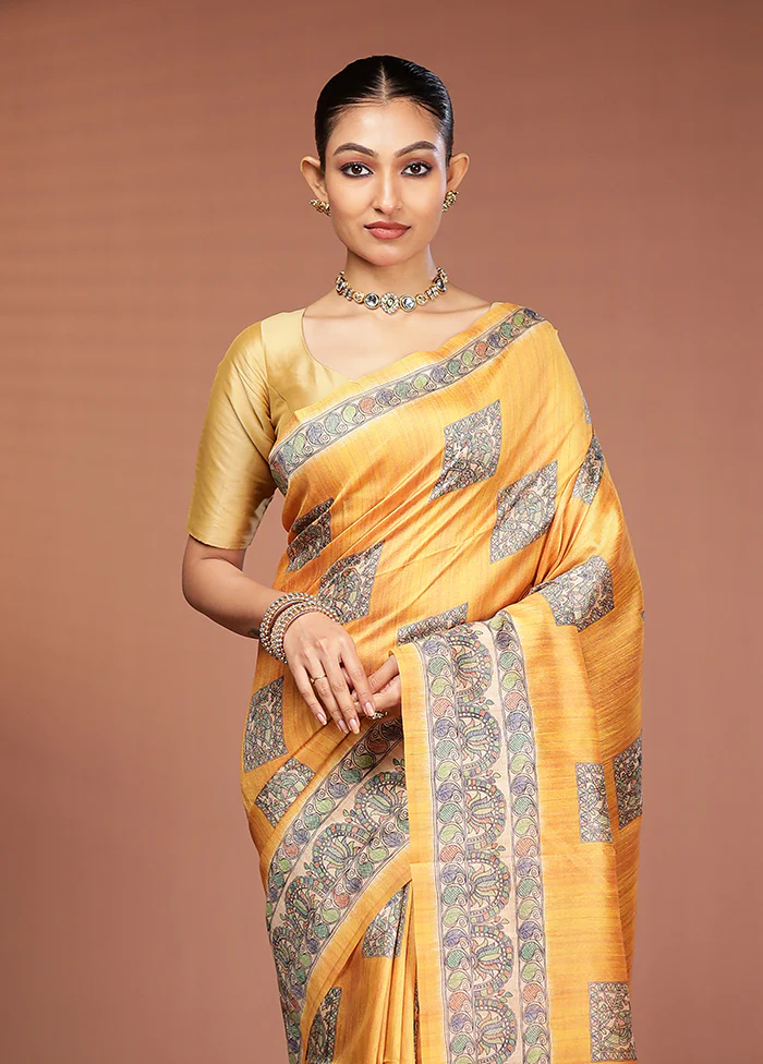 Yellow Tussar Silk Saree With Blouse Piece